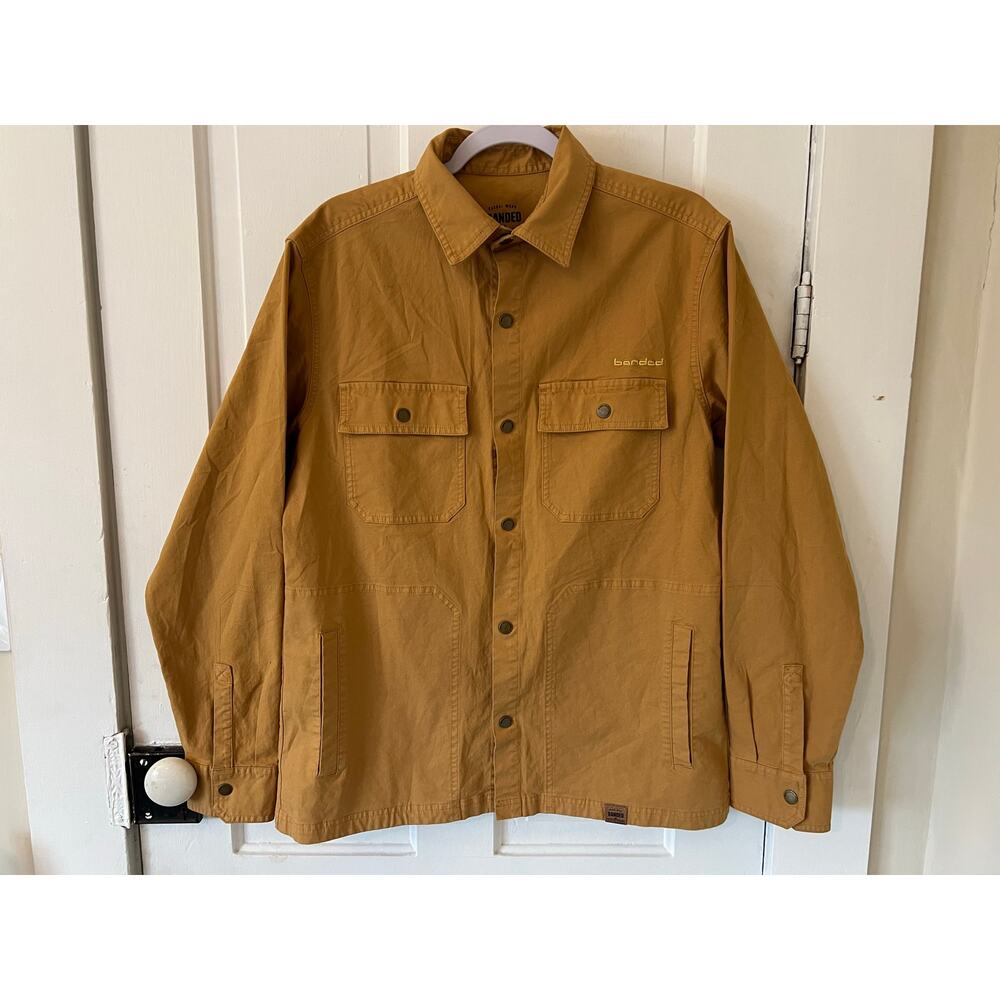 Banded canvas camp shirt mens medium tan button down pockets filson carhartt